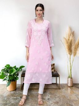 Seva Chikan - Hand Embroidered Pink Georgette Lucknowi Chikankari Kurta with Inner (Set of 2)