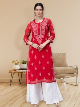 Seva Chikan - Hand Embroidered Red Georgette Lucknowi Chikankari Kurta with Inner (Set of 2)