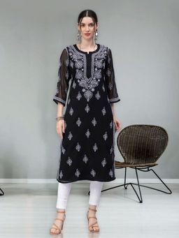 Seva Chikan - Hand Embroidered Black Georgette Lucknowi Chikankari Kurta with Inner (Set of 2)