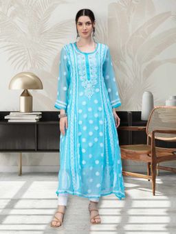 Seva Chikan - Hand Embroidered Blue Georgette Lucknowi Chikankari Anarkali Kurta