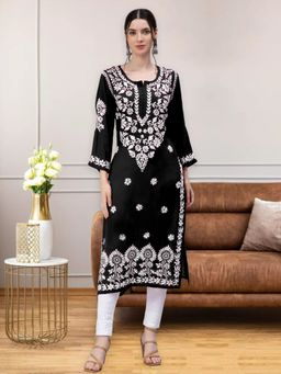 Seva Chikan - Hand Embroidered Black Modal Cotton Lucknowi Chikankari Kurta