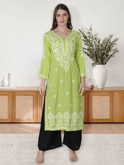 Seva Chikan - Hand Embroidered Pista Green Modal Cotton Lucknowi Chikankari Kurta