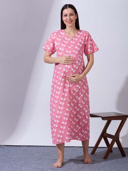 Blush9 Maternity - Pink Printed Maternity and Nursing Night Dress
