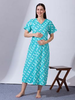 Blush9 Maternity - Blue Printed Maternity and Nursing Night Dress