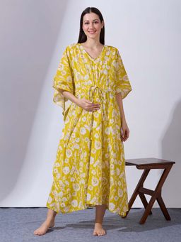 Blush9 Maternity - Yellow Printed Kaftan Maternity and Nursing Night Dress