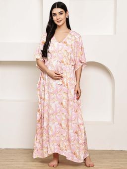 Secret Wish - Pink Printed Rayon Maternity Kaftan