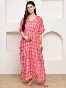 Secret Wish - Pink Leaf Cotton Maternity Kaftan