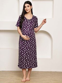 Secret Wish - Purple Heart Print Hosiery Maternity Nighty