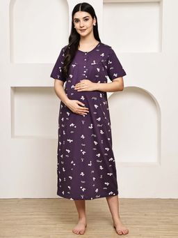 Secret Wish - Purple Floral Hosiery Maternity Nighty