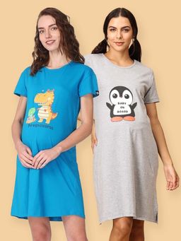 The Mom Store - Pregasaurus and Baby On Board Maternity T-Shirt Night Dress (Pack Of 2)