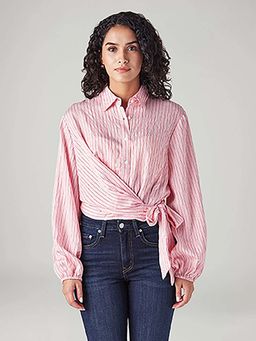 Levi's - Women Striped Pink Spread Collar Crop Shirt