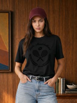 LOTTO - Women Black Courtline Flocked Printed T-shirt