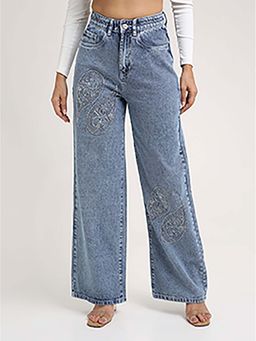 TARAMA - Women Light Blue Embroidered Wide Leg Jeans