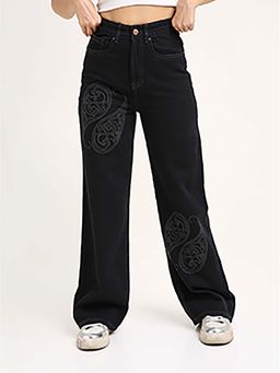 TARAMA - Women Black Embroidered Wide Leg Jeans
