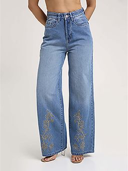 TARAMA - Women Light Blue Floral Embroidered Wide Leg Jeans