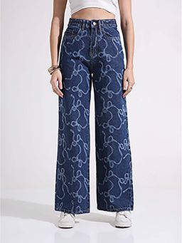 TARAMA - Women Dark Blue Printed High Waist Wide Leg Jeans