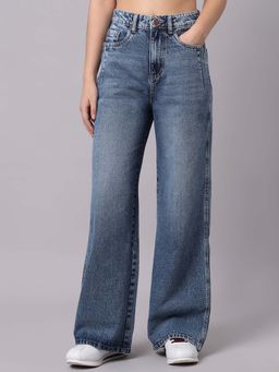 TARAMA - Women Light Blue Washed Wide Leg Denim Jeans