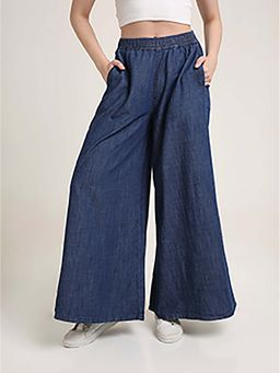 TARAMA - Women Dark Blue Elastic Waist Flared Leg Denim Jeans