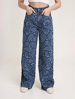 TARAMA - Women Blue High Waist Paisley Printed Wide Leg Jeans