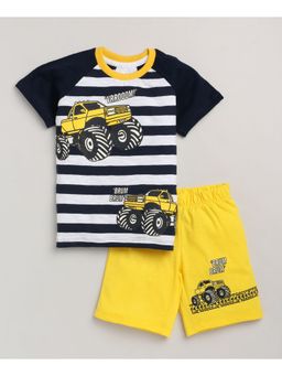 Lazy Shark - Boys White and Yellow Printed Cotton T-Shirt with Shorts (Set of 2)