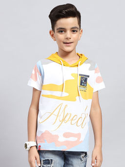 Monte Carlo - Boys Printed White Hooded Neck Half Sleeve T-Shirt