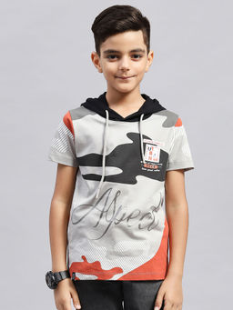Monte Carlo - Boys Printed Grey Hooded Neck Half Sleeve T-Shirt