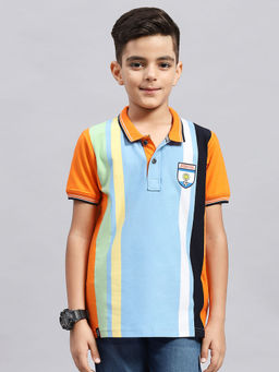 Monte Carlo - Boys Striped Orange & Sky Blue Collar Neck Half Sleeve Polo T-Shirt