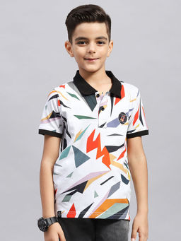 Monte Carlo - Boys Printed Black & White Collar Neck Half Sleeve Polo T-Shirt