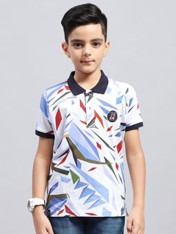 Monte Carlo - Boys Printed Navy Blue & White Collar Neck Half Sleeve Polo T-Shirt
