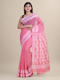 LAA CALCUTTA - Pink & White Cotton Silk Hand Woven Saree Without Blouse Piece