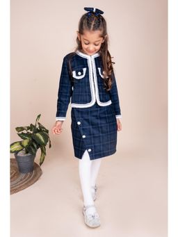 Toplove - Navy Blue Divider Checks Skirt and Jacket Set