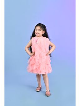 Toplove - Peach Butterfly Ruffles Dress With Hair Accessories