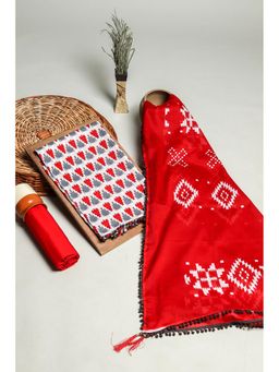 KISHORI - Ikat Print Cotton Unstitched Salwar Suit Dress Material 3 Piece Set - Red & Grey