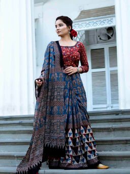 Sundarii - Neel or Loha-Ajrakh Hand Block Printed Mul Cotton Saree with Unstitched Blouse