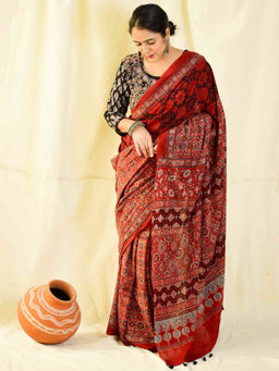 Sundarii - Raatein-Ajrakh Hand Block Printed Mul Cotton Saree with Unstitched Blouse
