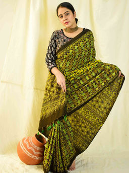Sundarii - Sabr-Ajrakh Hand Block Printed Mul Cotton Saree with Unstitched Blouse