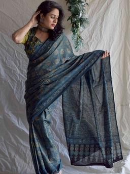 Sundarii - Kashish-Ajrakh Hand Block Printed Mul Cotton Saree with Unstitched Blouse