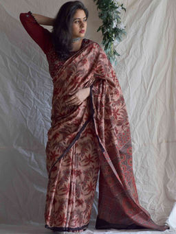 Sundarii - Mangal-Dabu Hand Block Printed Mul Cotton Saree with Unstitched Blouse