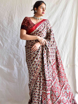 Sundarii - Carols-Ajrakh Masher Silk Saree with Unstitched Blouse