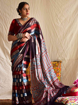 Sundarii - Seize The Day-Ajrakh Hand Block Printed Modal Silk Saree with Unstitched Blouse
