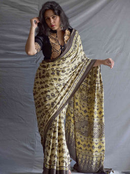 Sundarii - Lakeside- Ajrakh Hand Block Printed Modal Silk Saree with Unstitched Blouse