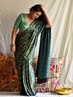 Sundarii - Anar-Ajrakh Hand Block Printed Modal Silk Saree with Unstitched Blouse