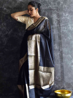 Sundarii - Black Beauty-Chanderi Silk Saree with Unstitched Blouse