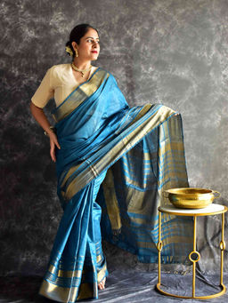 Sundarii - Blue Zari Silk Saree with Unstitched Blouse