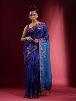CHARUKRITI - Indigo with Zari Ethnic Pattern Saree with Unstitched Blouse