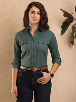 Gazillion - Women Analia Bottle Green Solid Cotton Shirt