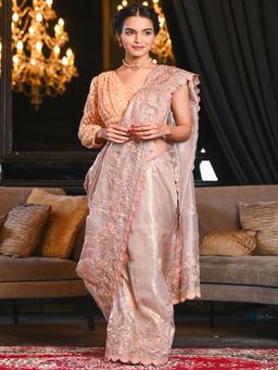 Beatitude - Pink Premium Tissue with Embroidery Saree with Unstitched Blouse
