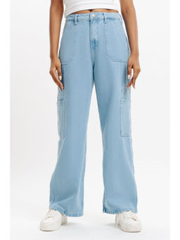 FREAKINS - Women Blue Patch Pocket Washed Straight Jeans