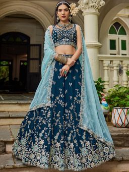 Panchhi - Teal Blue Satin Embroidery Semi-Stitched Lehenga with Stitched Choli and Dupatta