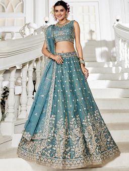 Panchhi - Sea Green Embroidery Semi-Stitched Lehenga with Stitched Choli and Dupatta